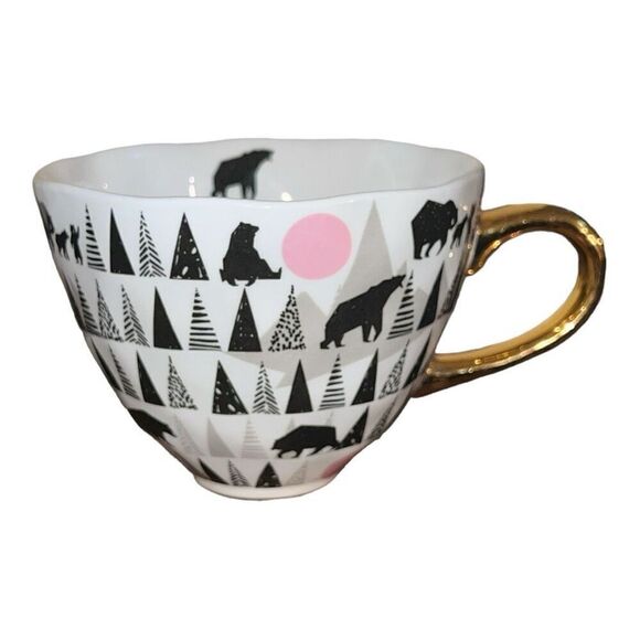 Graces Teaware Mother and Baby Bears - Trees Pattern Gold Handle Tea Cup 10 oz - Picture 1 of 2